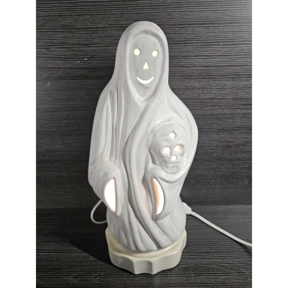 Vintage 14" Halloween Ceramic Ghost Holding Pumpkin Jack-o-Lantern Light Up